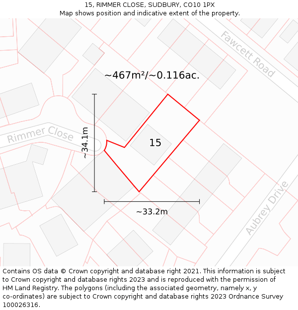 15, RIMMER CLOSE, SUDBURY, CO10 1PX: Plot and title map