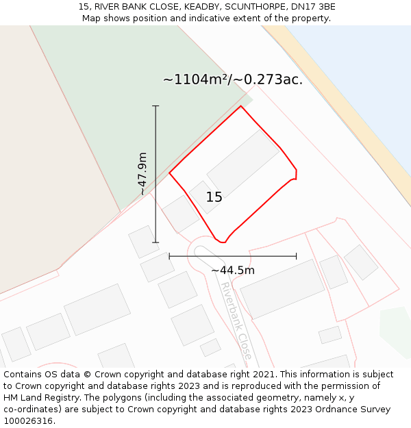 15, RIVER BANK CLOSE, KEADBY, SCUNTHORPE, DN17 3BE: Plot and title map