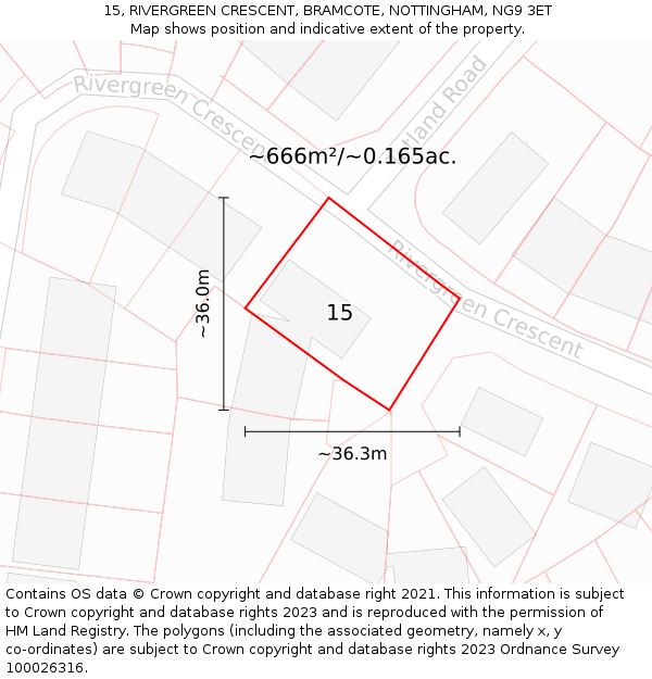 15, RIVERGREEN CRESCENT, BRAMCOTE, NOTTINGHAM, NG9 3ET: Plot and title map