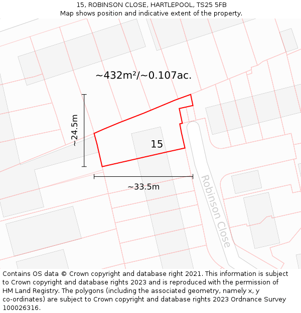 15, ROBINSON CLOSE, HARTLEPOOL, TS25 5FB: Plot and title map