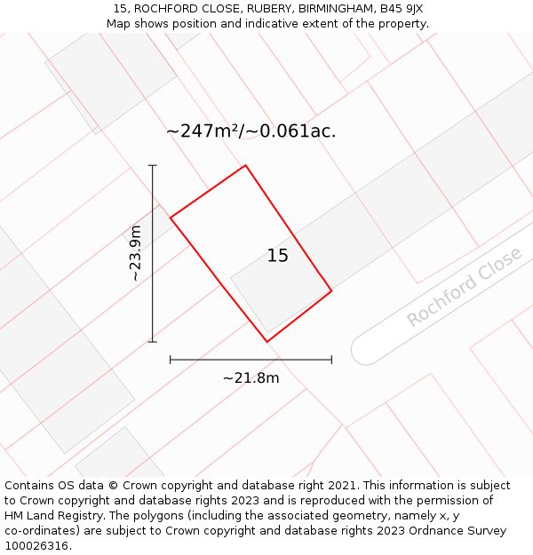 15, ROCHFORD CLOSE, RUBERY, BIRMINGHAM, B45 9JX: Plot and title map