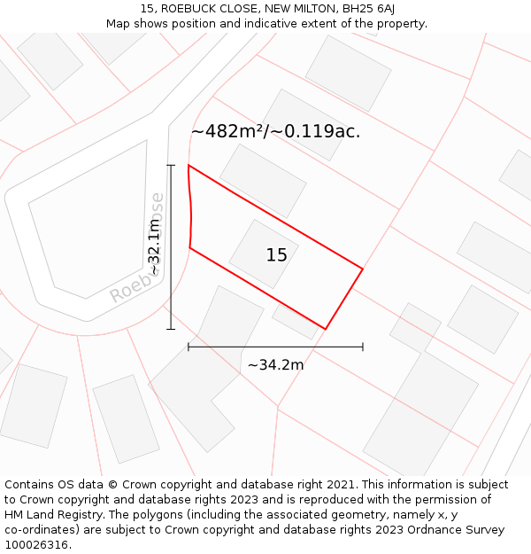 15, ROEBUCK CLOSE, NEW MILTON, BH25 6AJ: Plot and title map