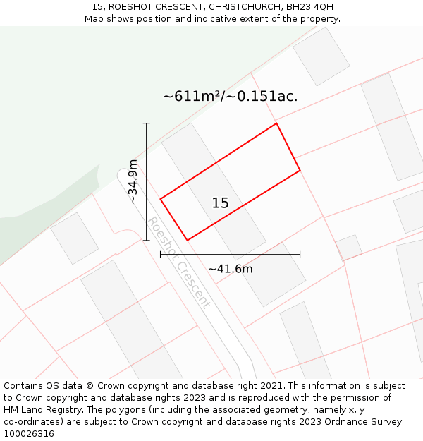 15, ROESHOT CRESCENT, CHRISTCHURCH, BH23 4QH: Plot and title map