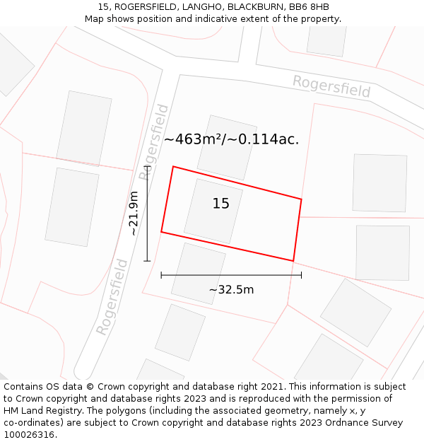 15, ROGERSFIELD, LANGHO, BLACKBURN, BB6 8HB: Plot and title map