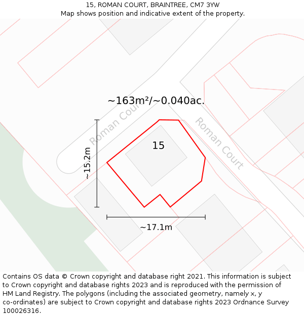 15, ROMAN COURT, BRAINTREE, CM7 3YW: Plot and title map