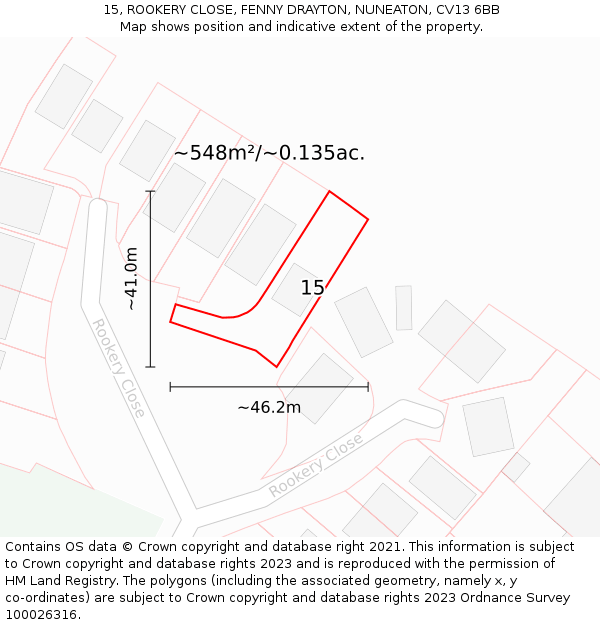 15, ROOKERY CLOSE, FENNY DRAYTON, NUNEATON, CV13 6BB: Plot and title map