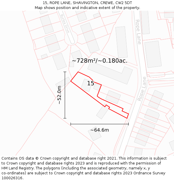 15, ROPE LANE, SHAVINGTON, CREWE, CW2 5DT: Plot and title map