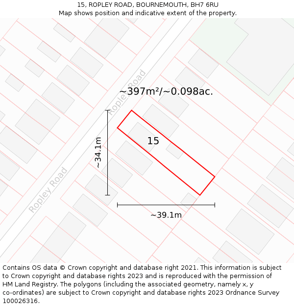 15, ROPLEY ROAD, BOURNEMOUTH, BH7 6RU: Plot and title map
