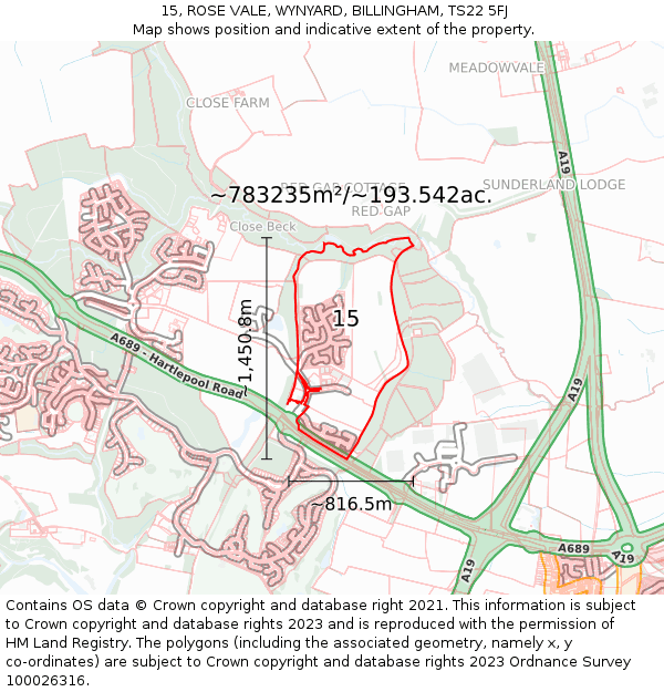 15, ROSE VALE, WYNYARD, BILLINGHAM, TS22 5FJ: Plot and title map