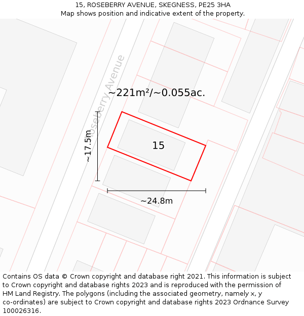 15, ROSEBERRY AVENUE, SKEGNESS, PE25 3HA: Plot and title map