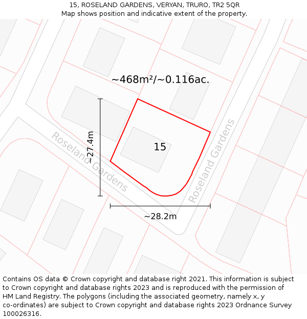 15, ROSELAND GARDENS, VERYAN, TRURO, TR2 5QR: Plot and title map