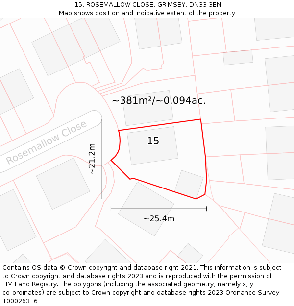 15, ROSEMALLOW CLOSE, GRIMSBY, DN33 3EN: Plot and title map