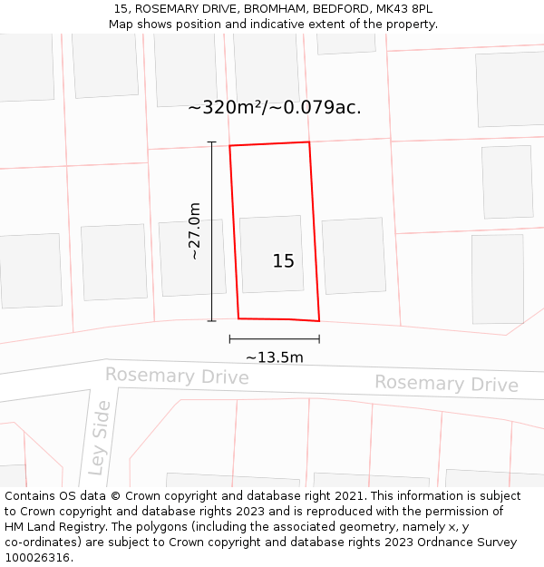 15, ROSEMARY DRIVE, BROMHAM, BEDFORD, MK43 8PL: Plot and title map