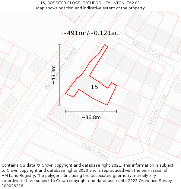 15, ROSSITER CLOSE, BATHPOOL, TAUNTON, TA2 8FL: Plot and title map