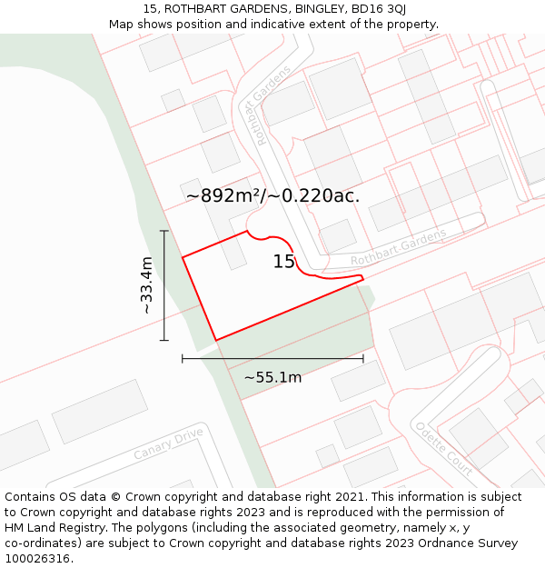 15, ROTHBART GARDENS, BINGLEY, BD16 3QJ: Plot and title map
