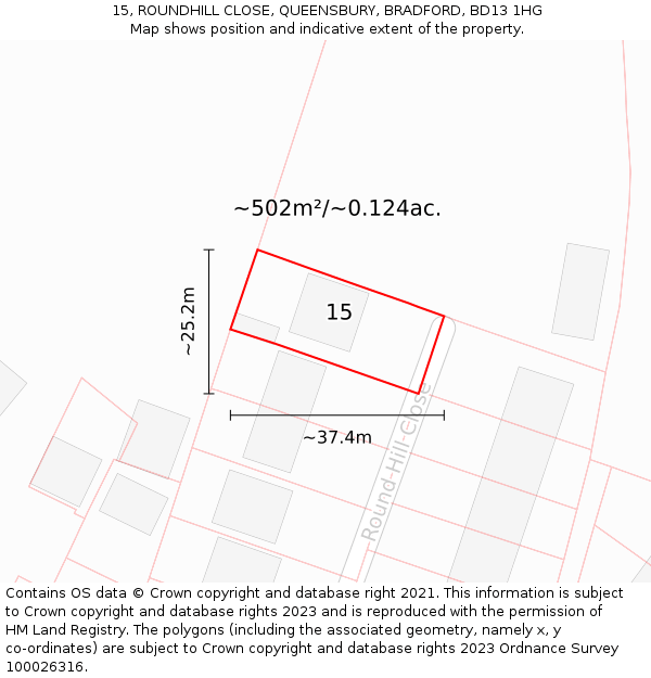 15, ROUNDHILL CLOSE, QUEENSBURY, BRADFORD, BD13 1HG: Plot and title map