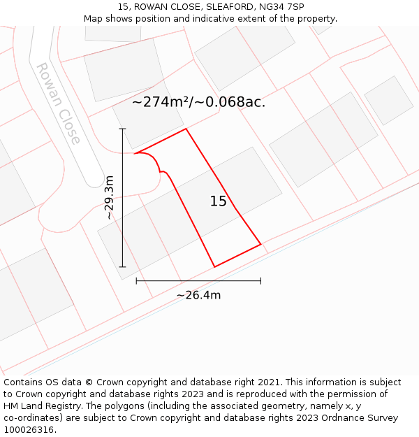 15, ROWAN CLOSE, SLEAFORD, NG34 7SP: Plot and title map