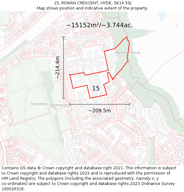 15, ROWAN CRESCENT, HYDE, SK14 5SJ: Plot and title map