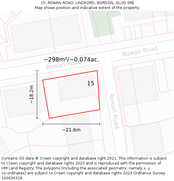 15, ROWAN ROAD, LINDFORD, BORDON, GU35 0RE: Plot and title map