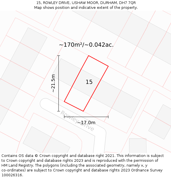 15, ROWLEY DRIVE, USHAW MOOR, DURHAM, DH7 7QR: Plot and title map