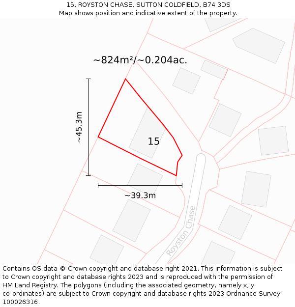 15, ROYSTON CHASE, SUTTON COLDFIELD, B74 3DS: Plot and title map