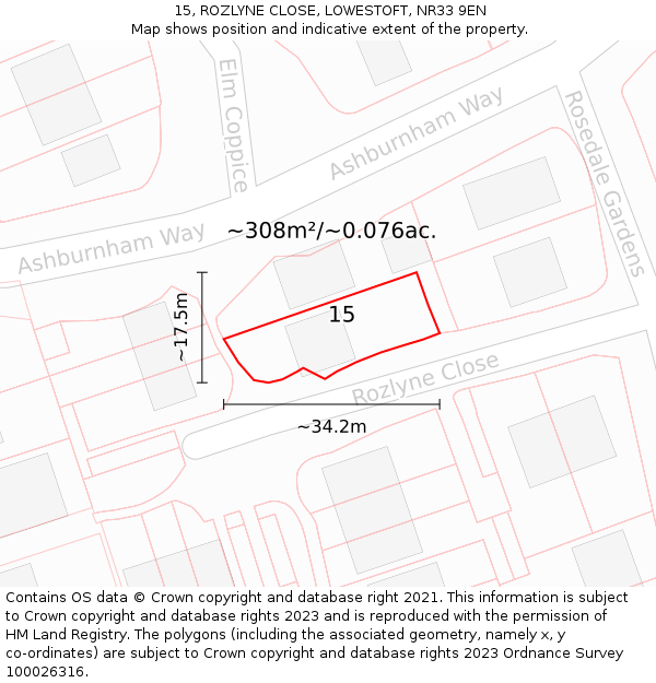 15, ROZLYNE CLOSE, LOWESTOFT, NR33 9EN: Plot and title map