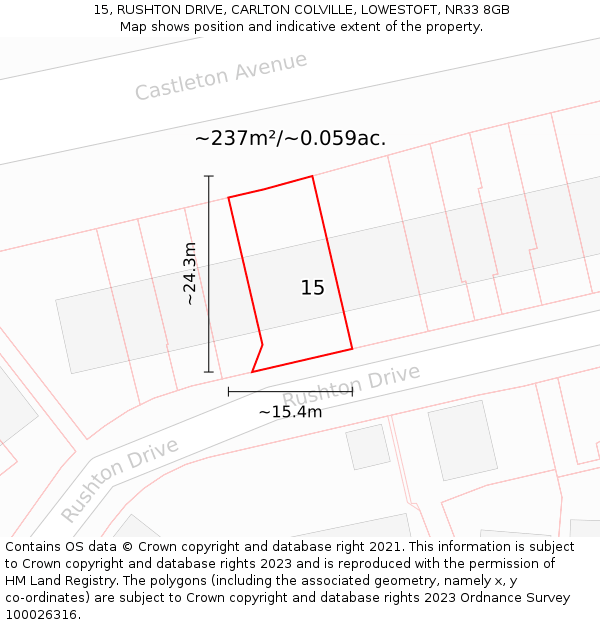 15, RUSHTON DRIVE, CARLTON COLVILLE, LOWESTOFT, NR33 8GB: Plot and title map