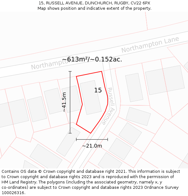 15, RUSSELL AVENUE, DUNCHURCH, RUGBY, CV22 6PX: Plot and title map