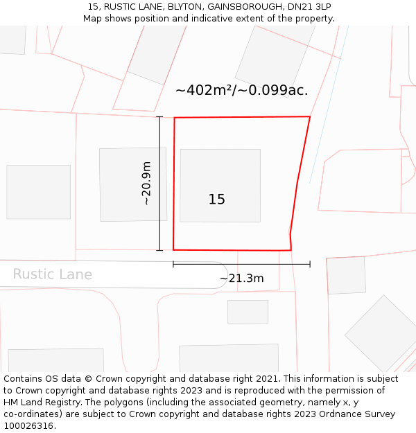 15, RUSTIC LANE, BLYTON, GAINSBOROUGH, DN21 3LP: Plot and title map