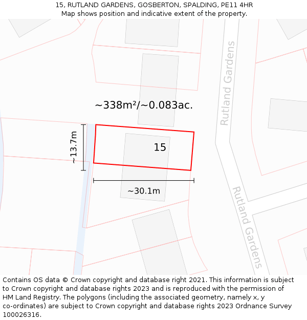 15, RUTLAND GARDENS, GOSBERTON, SPALDING, PE11 4HR: Plot and title map