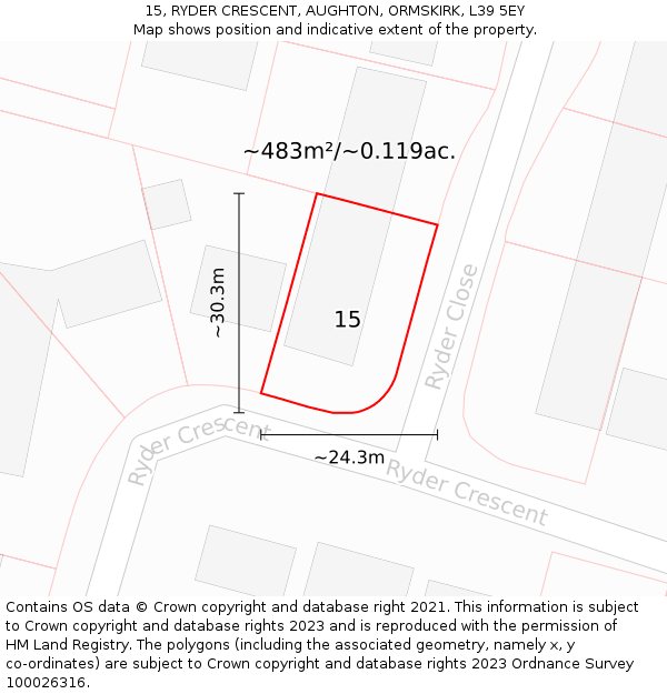 15, RYDER CRESCENT, AUGHTON, ORMSKIRK, L39 5EY: Plot and title map