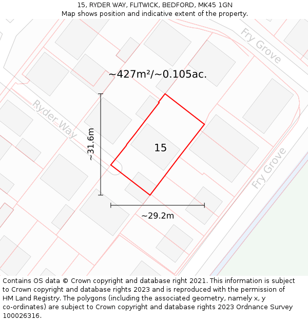 15, RYDER WAY, FLITWICK, BEDFORD, MK45 1GN: Plot and title map