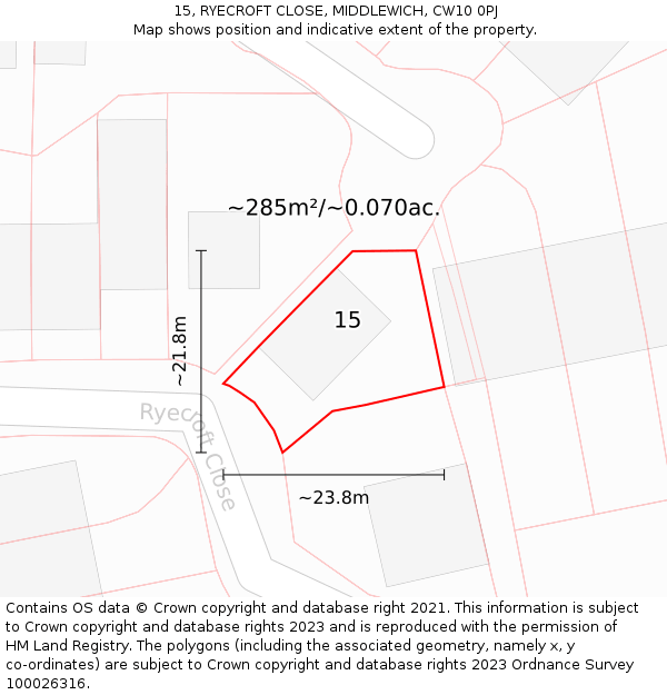 15, RYECROFT CLOSE, MIDDLEWICH, CW10 0PJ: Plot and title map