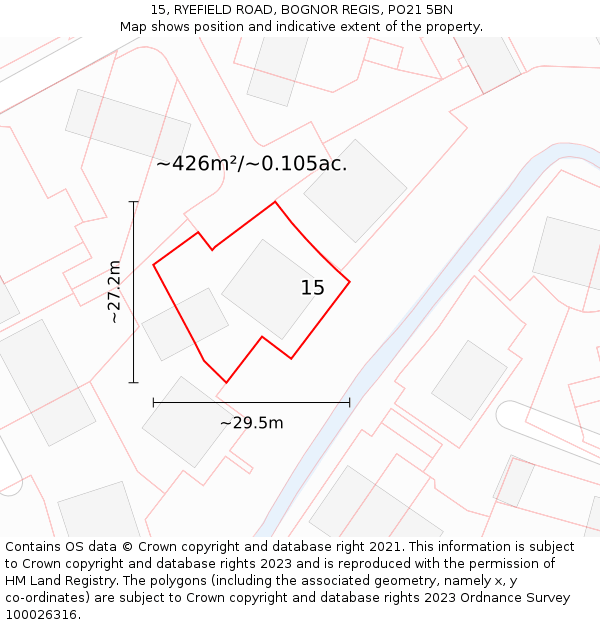15, RYEFIELD ROAD, BOGNOR REGIS, PO21 5BN: Plot and title map