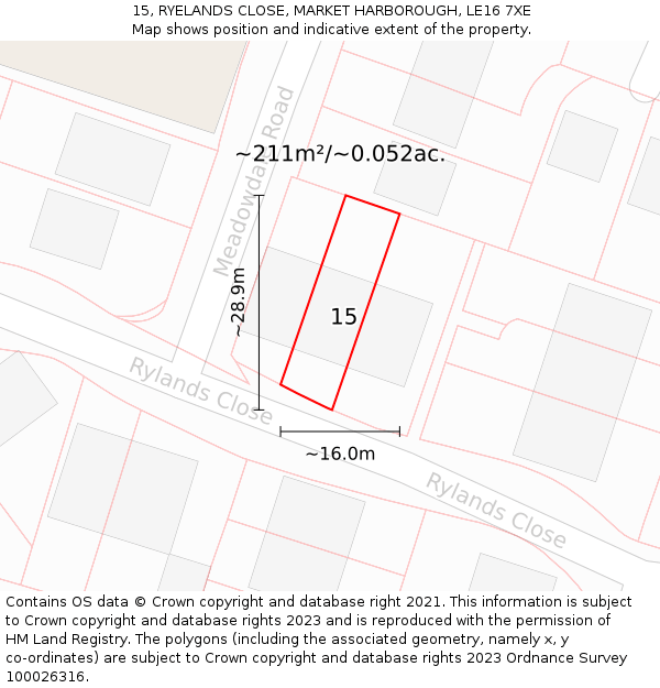 15, RYELANDS CLOSE, MARKET HARBOROUGH, LE16 7XE: Plot and title map