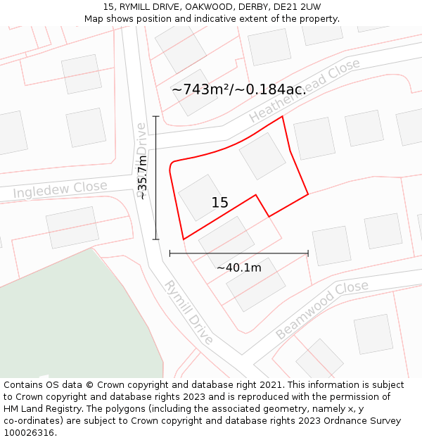 15, RYMILL DRIVE, OAKWOOD, DERBY, DE21 2UW: Plot and title map