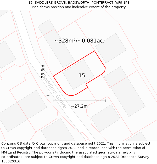 15, SADDLERS GROVE, BADSWORTH, PONTEFRACT, WF9 1PE: Plot and title map