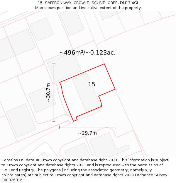 15, SAFFRON WAY, CROWLE, SCUNTHORPE, DN17 4GL: Plot and title map