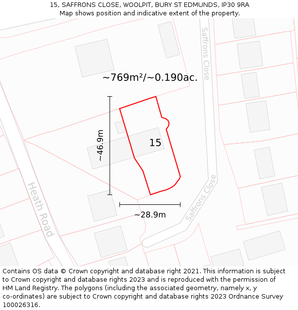 15, SAFFRONS CLOSE, WOOLPIT, BURY ST EDMUNDS, IP30 9RA: Plot and title map