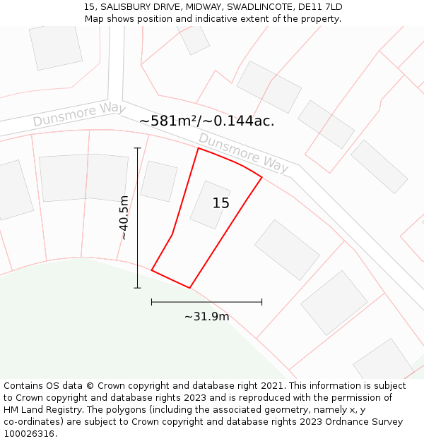 15, SALISBURY DRIVE, MIDWAY, SWADLINCOTE, DE11 7LD: Plot and title map