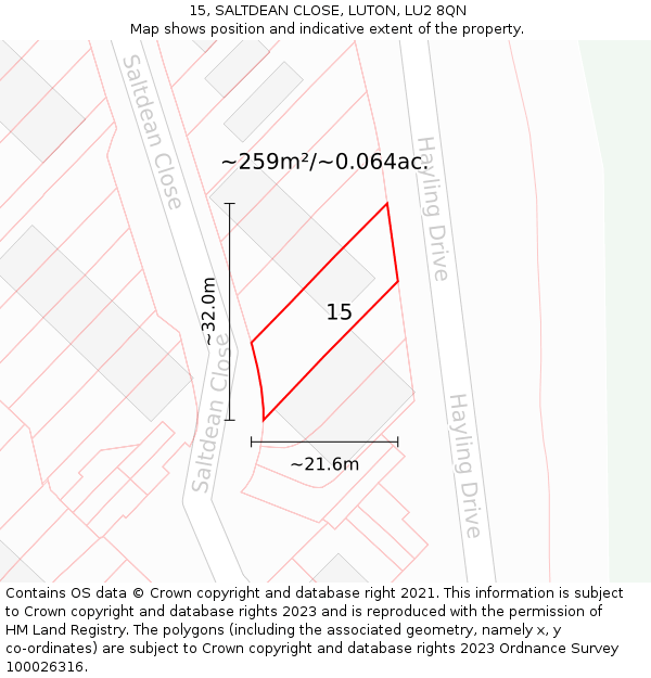 15, SALTDEAN CLOSE, LUTON, LU2 8QN: Plot and title map