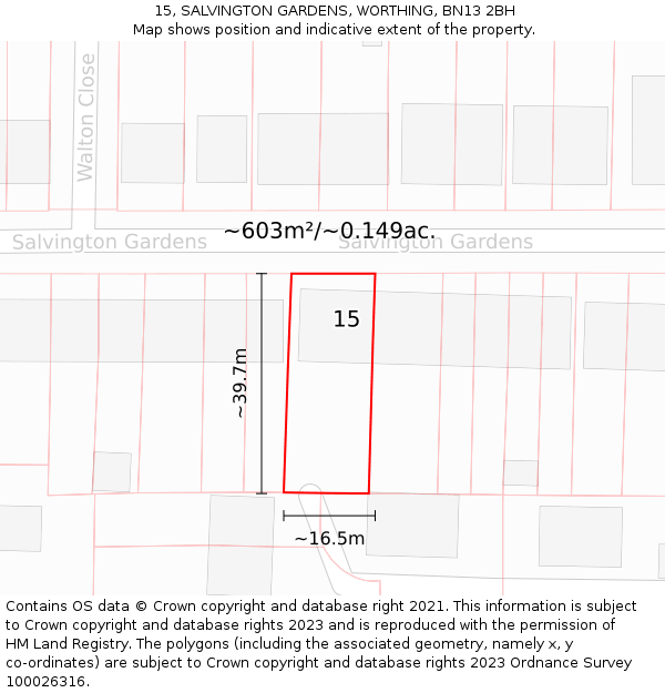 15, SALVINGTON GARDENS, WORTHING, BN13 2BH: Plot and title map