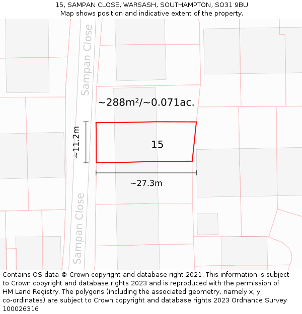 15, SAMPAN CLOSE, WARSASH, SOUTHAMPTON, SO31 9BU: Plot and title map