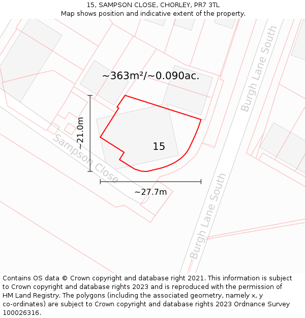 15, SAMPSON CLOSE, CHORLEY, PR7 3TL: Plot and title map