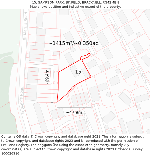 15, SAMPSON PARK, BINFIELD, BRACKNELL, RG42 4BN: Plot and title map