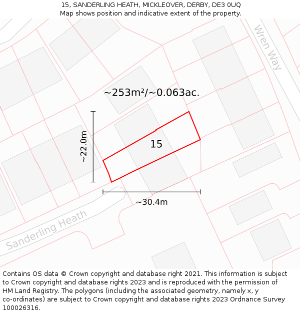 15, SANDERLING HEATH, MICKLEOVER, DERBY, DE3 0UQ: Plot and title map