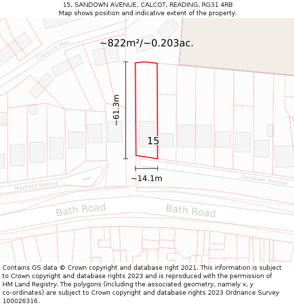 15, SANDOWN AVENUE, CALCOT, READING, RG31 4RB: Plot and title map
