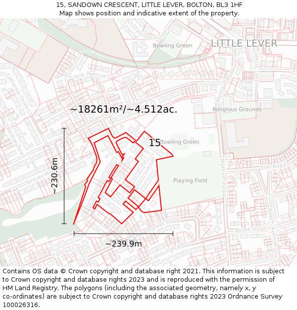 15, SANDOWN CRESCENT, LITTLE LEVER, BOLTON, BL3 1HF: Plot and title map