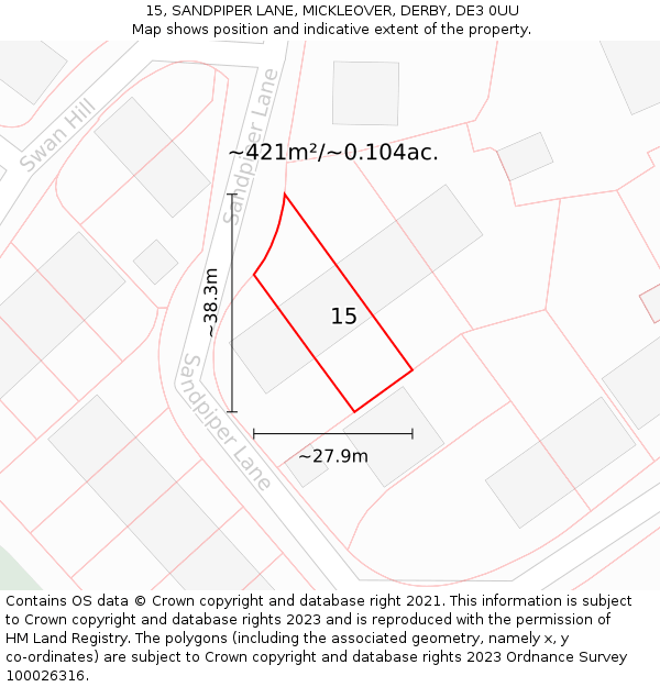 15, SANDPIPER LANE, MICKLEOVER, DERBY, DE3 0UU: Plot and title map