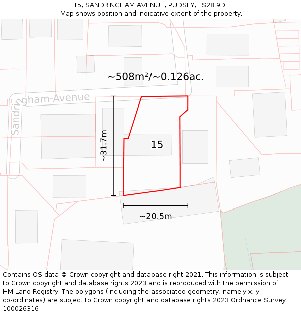 15, SANDRINGHAM AVENUE, PUDSEY, LS28 9DE: Plot and title map